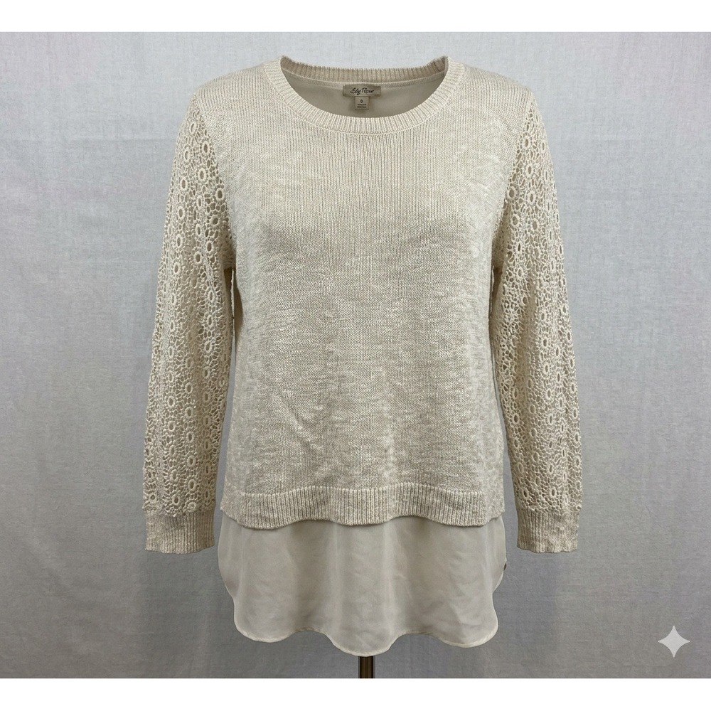 Lucky Brand Women's Ivory Long Crocheted Lace Sleeved Pullover Sweater. Size L